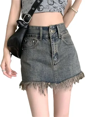 Women's High-Waisted Fringed Denim Skirt Vintage Short A- Line Bottoming for Casual Chic Style Skirt