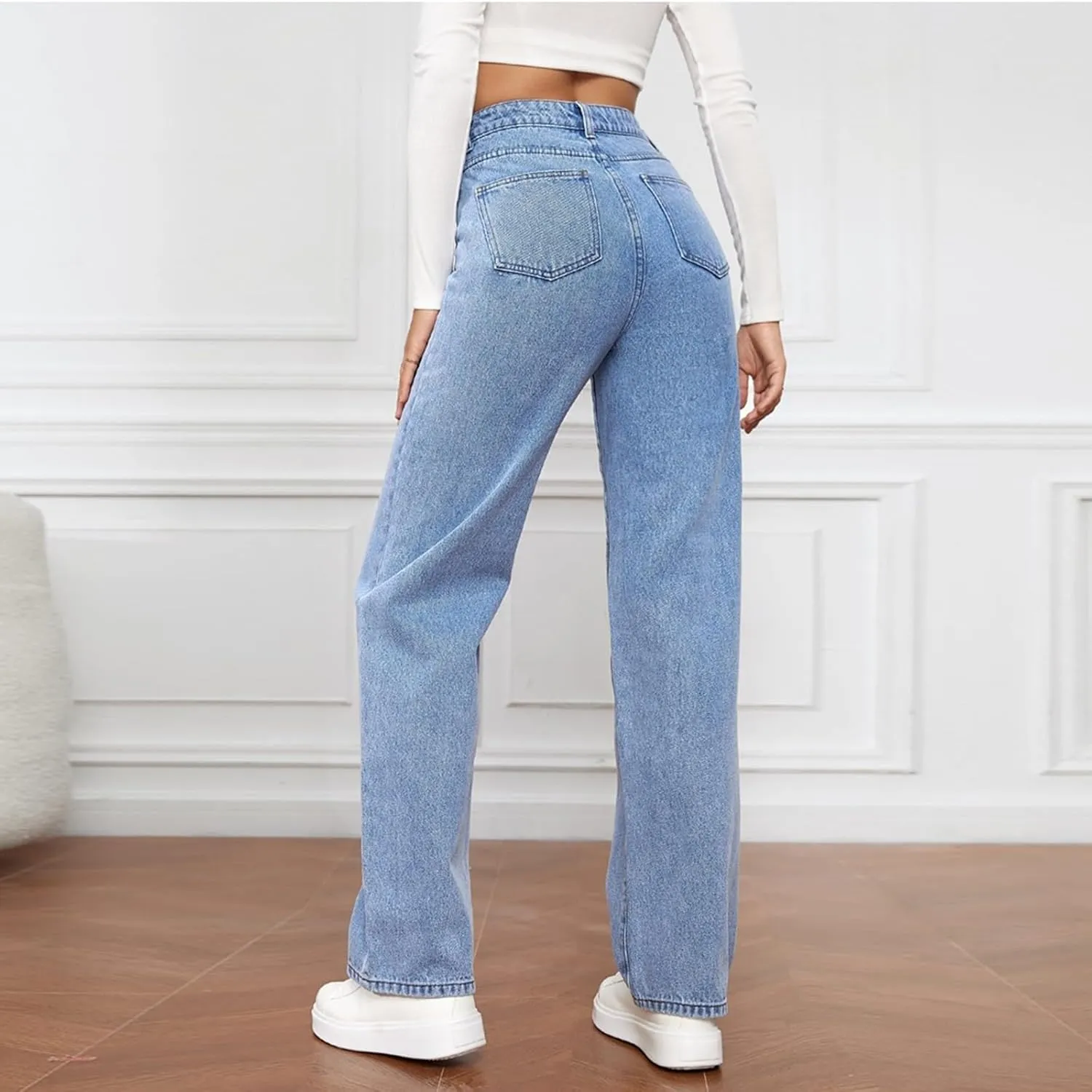 Women's High Waisted Straight Leg Jeans Pants Trendy with Pockets Skinny Stretch Ripped Jeans Destroyed Denim Pants