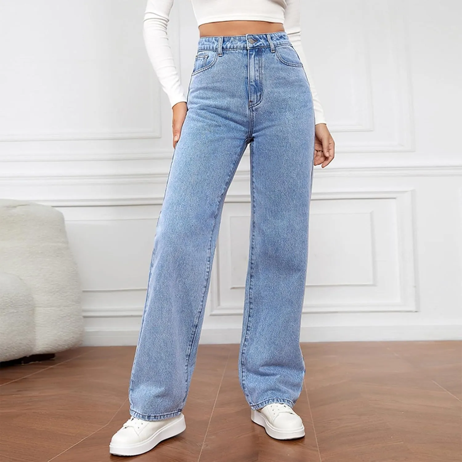 Women's High Waisted Straight Leg Jeans Pants Trendy with Pockets Skinny Stretch Ripped Jeans Destroyed Denim Pants