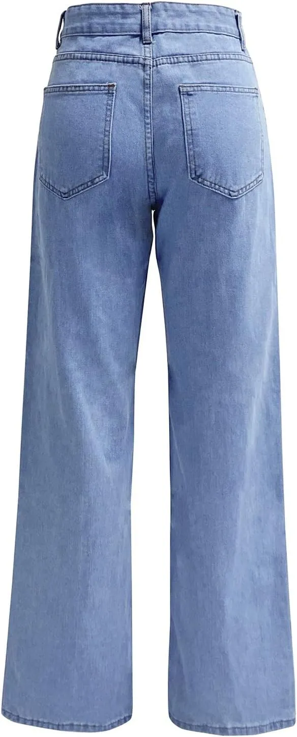 Women's High Waisted Straight Leg Jeans Pants Trendy with Pockets Skinny Stretch Ripped Jeans Destroyed Denim Pants