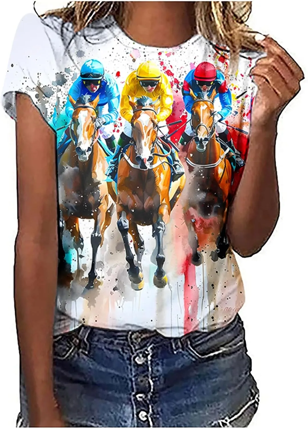 Womens Horse Racing Tops Cap Sleeve Summer Retro Blouse Crew Neck Tee Shirt Stylish Workout Tshirts for Ladies
