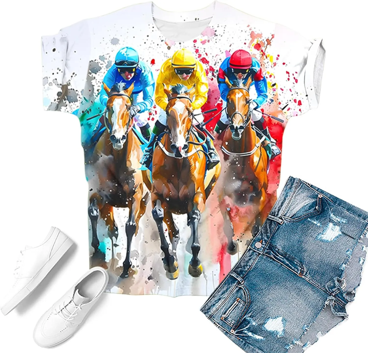Womens Horse Racing Tops Cap Sleeve Summer Retro Blouse Crew Neck Tee Shirt Stylish Workout Tshirts for Ladies