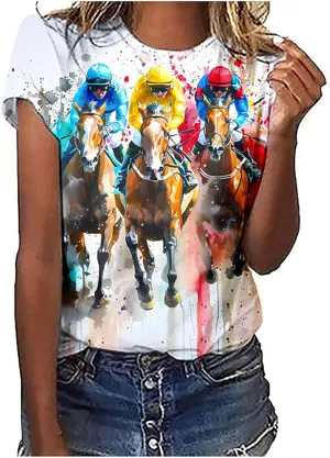 Womens Horse Racing Tops Cap Sleeve Summer Retro Blouse Crew Neck Tee Shirt Stylish Workout Tshirts for Ladies