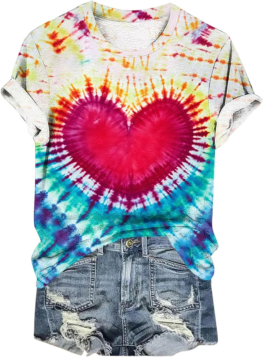 Women's Juniors Heart Tie Dye Short Sleeve T Shirt Plus Size Summer Tops Casual Loose Rainbow Tees Hip Hop Shirts