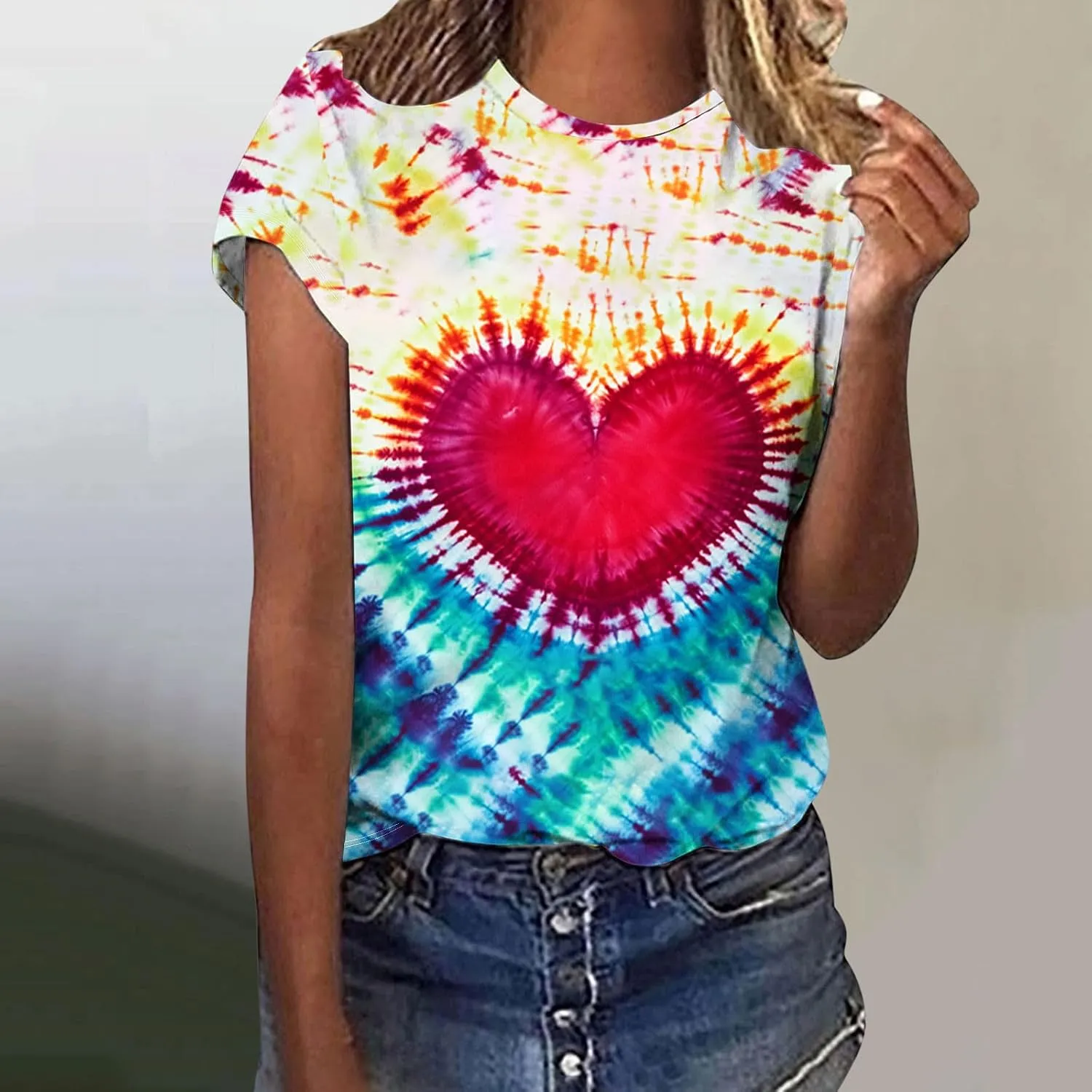 Women's Juniors Heart Tie Dye Short Sleeve T Shirt Plus Size Summer Tops Casual Loose Rainbow Tees Hip Hop Shirts