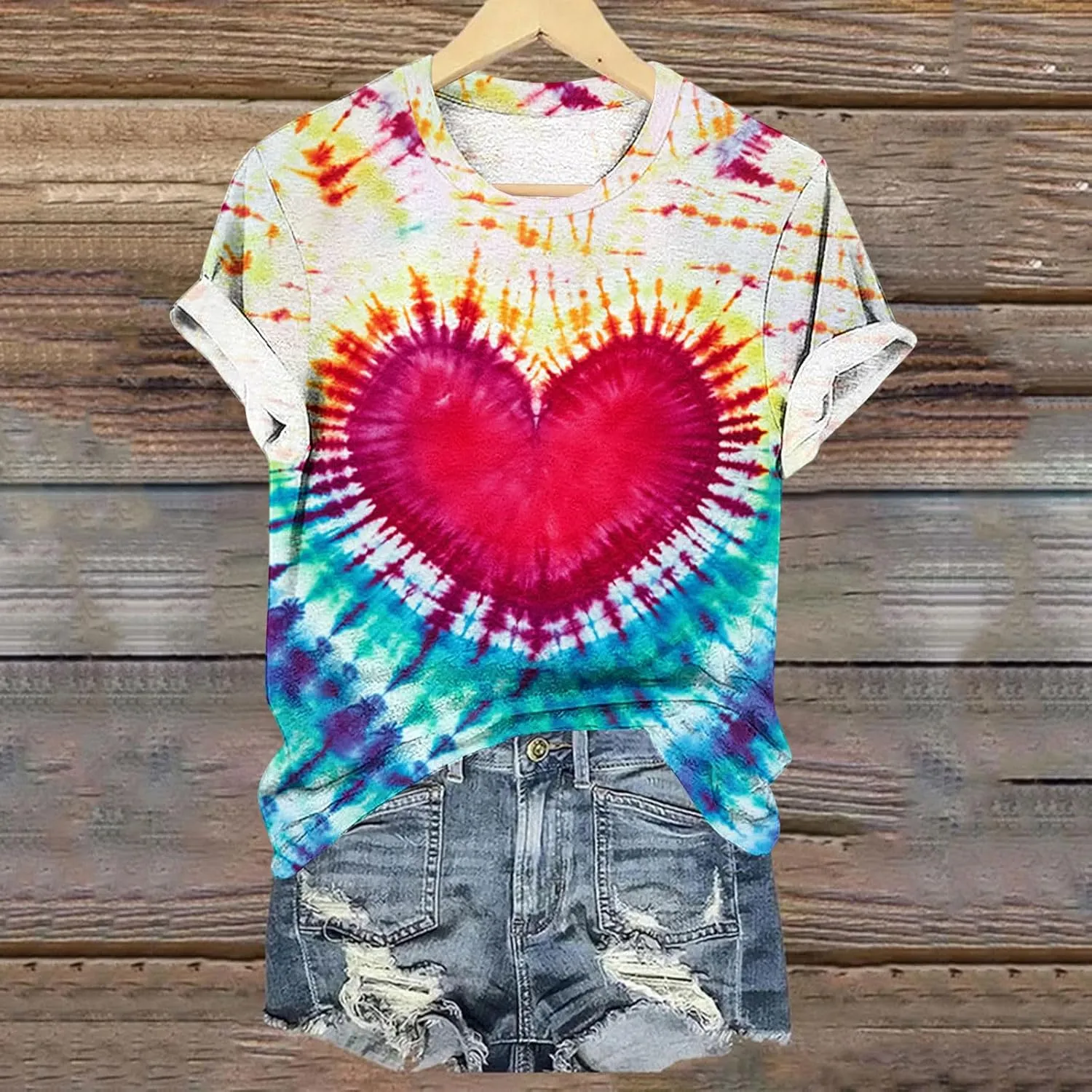 Women's Juniors Heart Tie Dye Short Sleeve T Shirt Plus Size Summer Tops Casual Loose Rainbow Tees Hip Hop Shirts