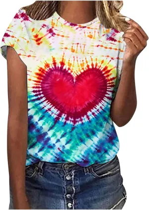 Women's Juniors Heart Tie Dye Short Sleeve T Shirt Plus Size Summer Tops Casual Loose Rainbow Tees Hip Hop Shirts