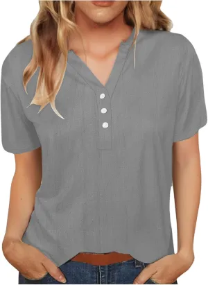 Womens Linen Button Down Shirts Short Sleeve V Neck Tshirts Light Weight Plain Blouses Casual Loose Fit Tunic Tops