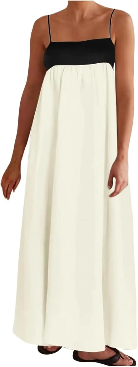 Womens Linen Maxi Dress Travel Vacation Contrast Trim Spaghetti Straps Summer Outfits Sleeveless Long Dresses