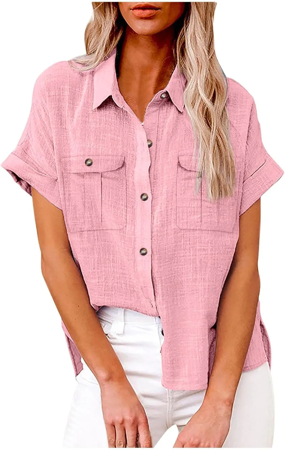 Womens Linen T Shirts with Chest Pockets Single-Breasted Shirts Beach Cargo Style Short/Long Sleeve Blouses Fashion Tops