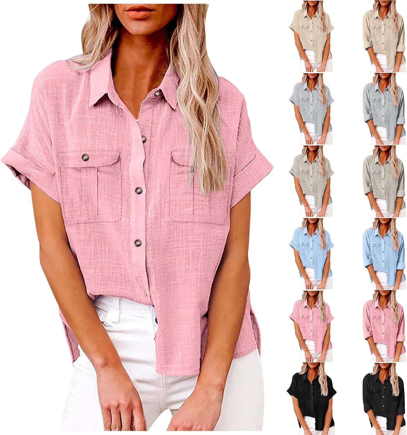 Womens Linen T Shirts with Chest Pockets Single-Breasted Shirts Beach Cargo Style Short/Long Sleeve Blouses Fashion Tops