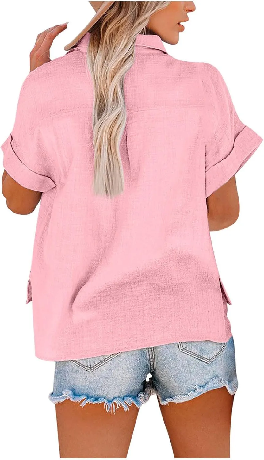 Womens Linen T Shirts with Chest Pockets Single-Breasted Shirts Beach Cargo Style Short/Long Sleeve Blouses Fashion Tops