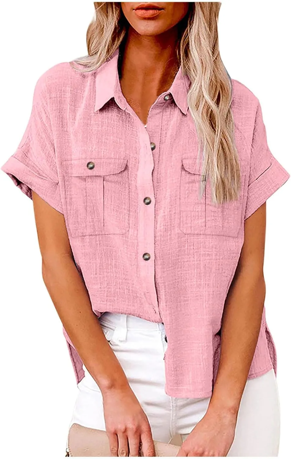 Womens Linen T Shirts with Chest Pockets Single-Breasted Shirts Beach Cargo Style Short/Long Sleeve Blouses Fashion Tops