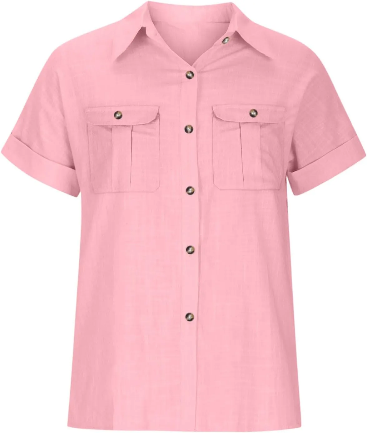Womens Linen T Shirts with Chest Pockets Single-Breasted Shirts Beach Cargo Style Short/Long Sleeve Blouses Fashion Tops