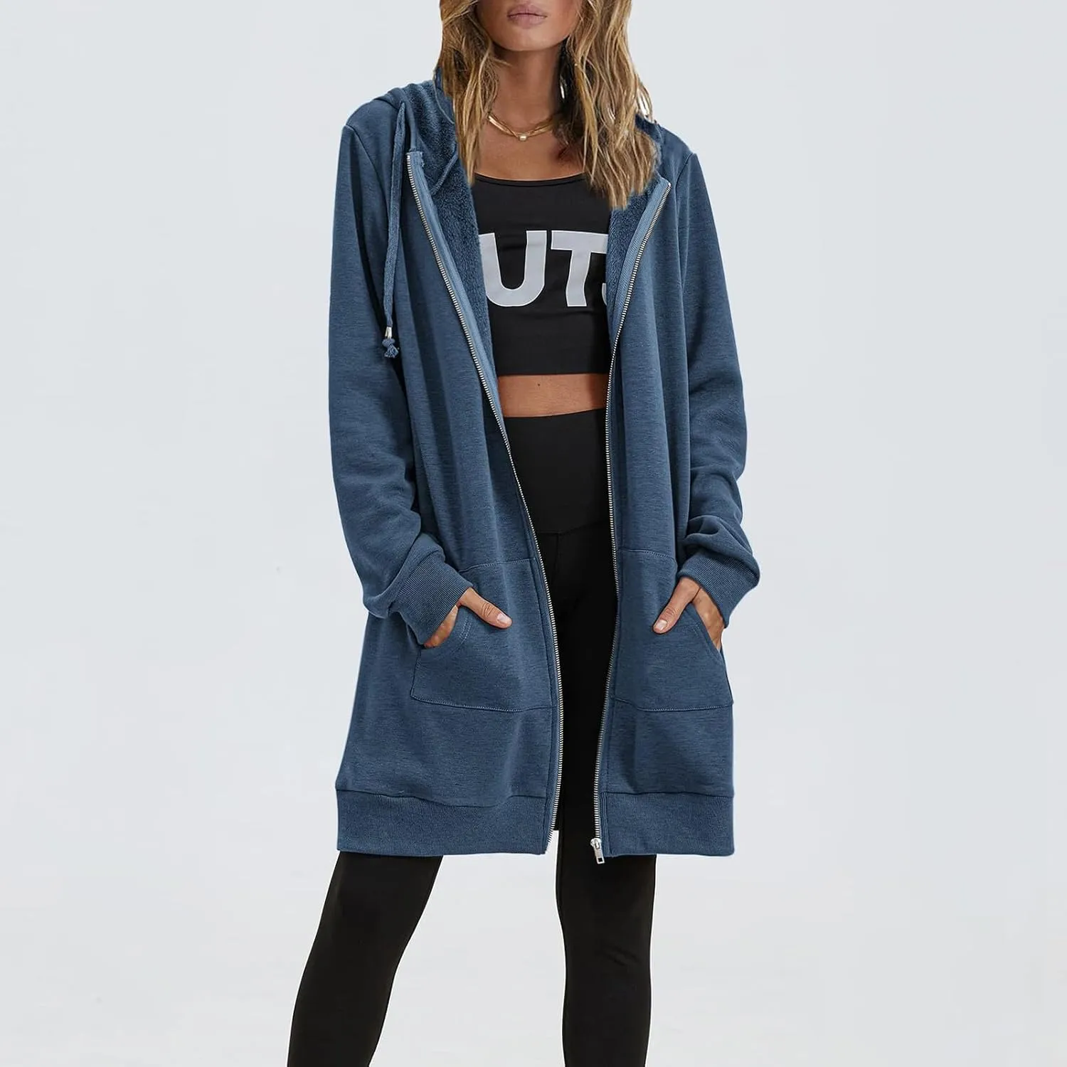 Womens Long Fleece Zip Up Jacket 2024 Fall Casual,Oversized Hoodie Sleeve Sweatshirt with Pockets Winter Coats