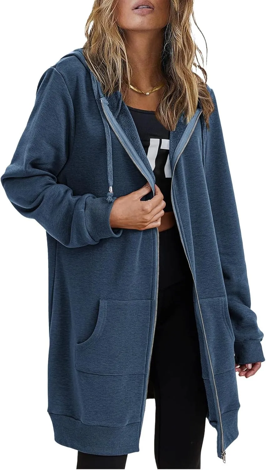 Womens Long Fleece Zip Up Jacket 2024 Fall Casual,Oversized Hoodie Sleeve Sweatshirt with Pockets Winter Coats