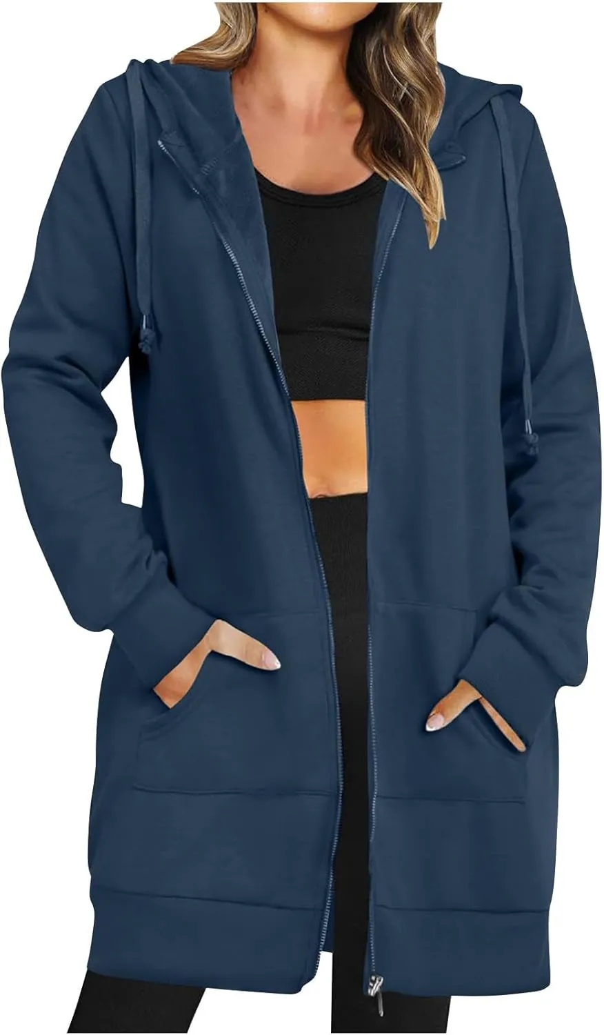 Womens Long Fleece Zip Up Jacket 2024 Fall Casual,Oversized Hoodie Sleeve Sweatshirt with Pockets Winter Coats