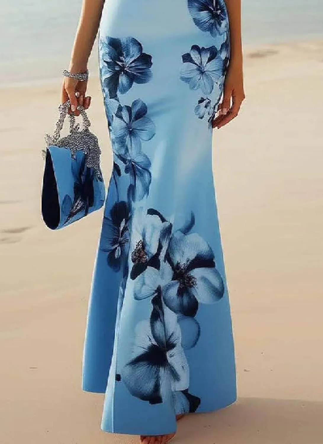 Womens Maxi Dress Sleeveless One Shoulder Floral Print Bodycon Blue Elegant Glamorous Spring Summer Evening Party Dress