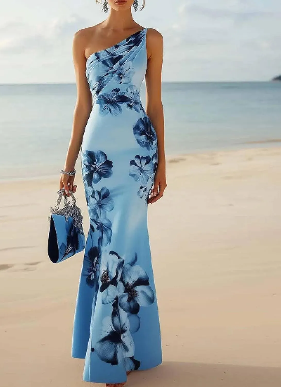 Womens Maxi Dress Sleeveless One Shoulder Floral Print Bodycon Blue Elegant Glamorous Spring Summer Evening Party Dress