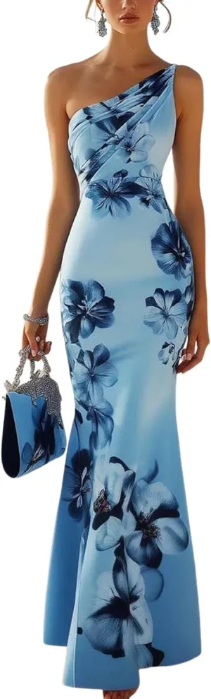 Womens Maxi Dress Sleeveless One Shoulder Floral Print Bodycon Blue Elegant Glamorous Spring Summer Evening Party Dress