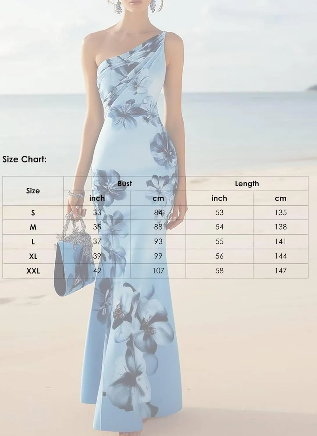 Womens Maxi Dress Sleeveless One Shoulder Floral Print Bodycon Blue Elegant Glamorous Spring Summer Evening Party Dress