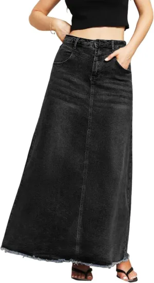 Women's Maxi Jean Skirt High Waisted A-Line Long Denim Stretch Skirts with Frayed Raw Hem for Ladies