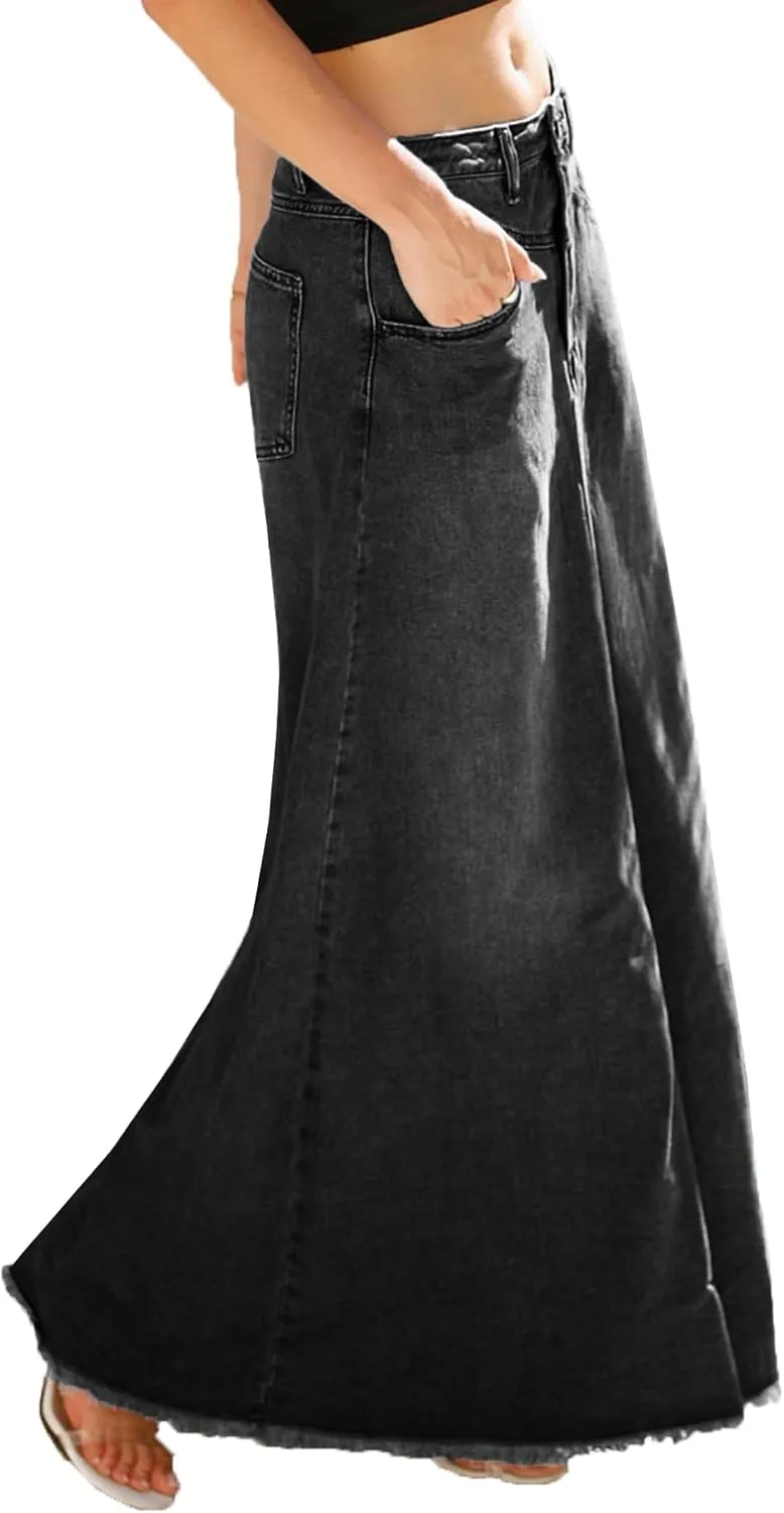 Women's Maxi Jean Skirt High Waisted A-Line Long Denim Stretch Skirts with Frayed Raw Hem for Ladies