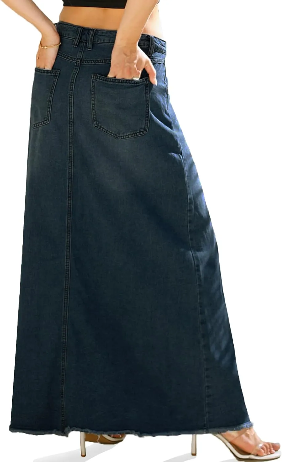 Women's Maxi Jean Skirt High Waisted A-Line Long Denim Stretch Skirts with Frayed Raw Hem for Ladies