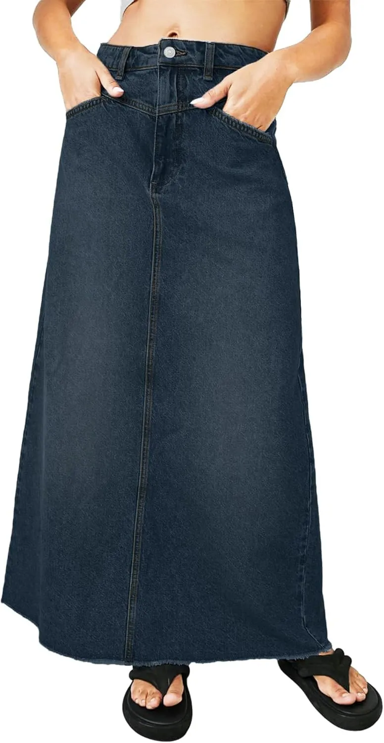 Women's Maxi Jean Skirt High Waisted A-Line Long Denim Stretch Skirts with Frayed Raw Hem for Ladies