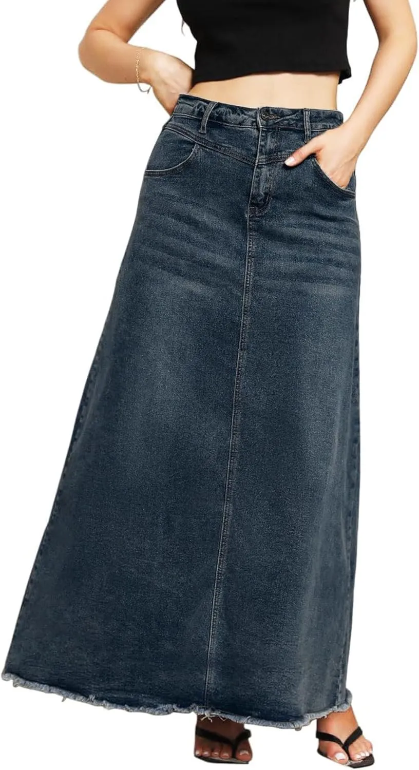 Women's Maxi Jean Skirt High Waisted A-Line Long Denim Stretch Skirts with Frayed Raw Hem for Ladies