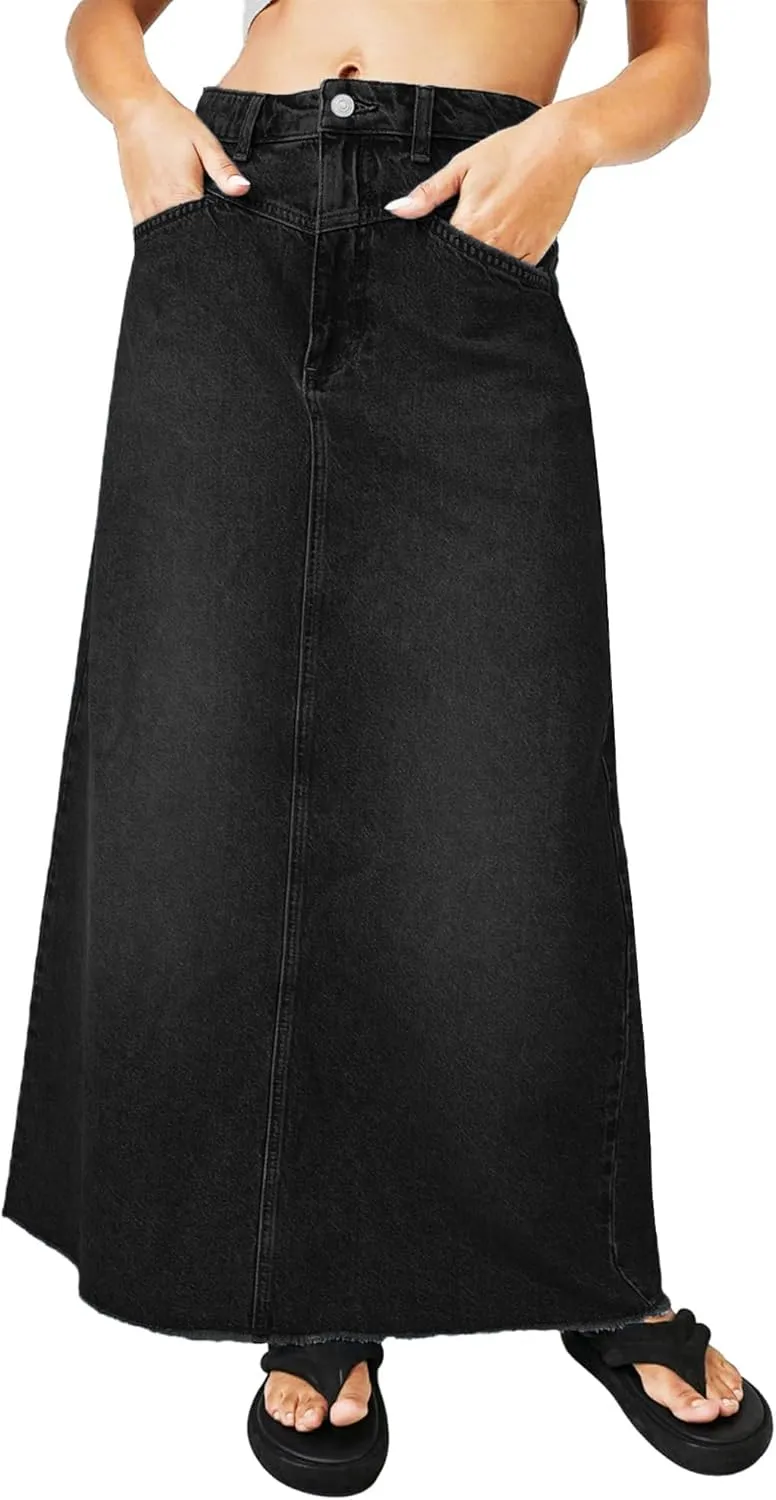 Women's Maxi Jean Skirt High Waisted A-Line Long Denim Stretch Skirts with Frayed Raw Hem for Ladies