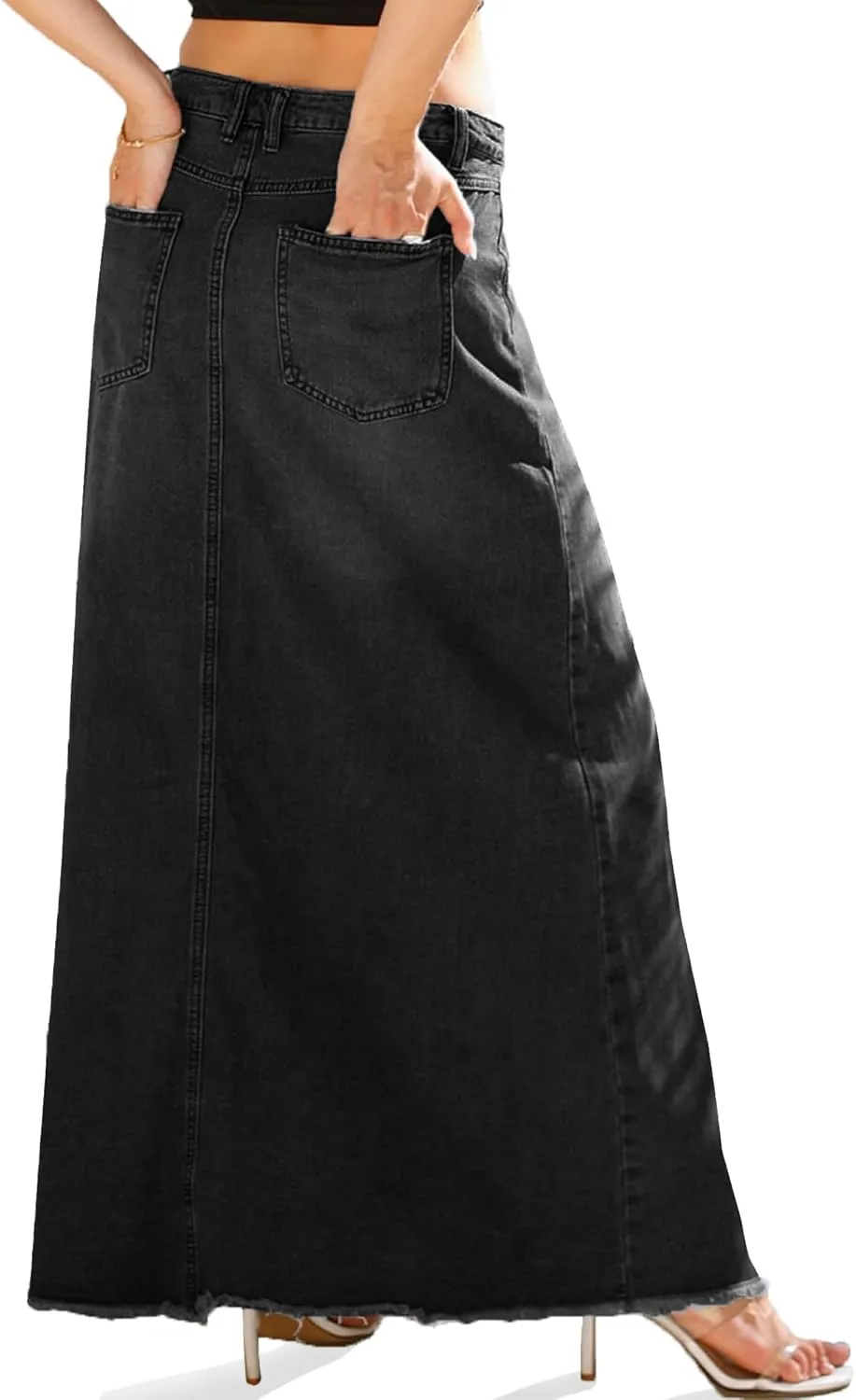 Women's Maxi Jean Skirt High Waisted A-Line Long Denim Stretch Skirts with Frayed Raw Hem for Ladies