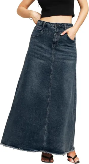 Women's Maxi Jean Skirt High Waisted A-Line Long Denim Stretch Skirts with Frayed Raw Hem for Ladies