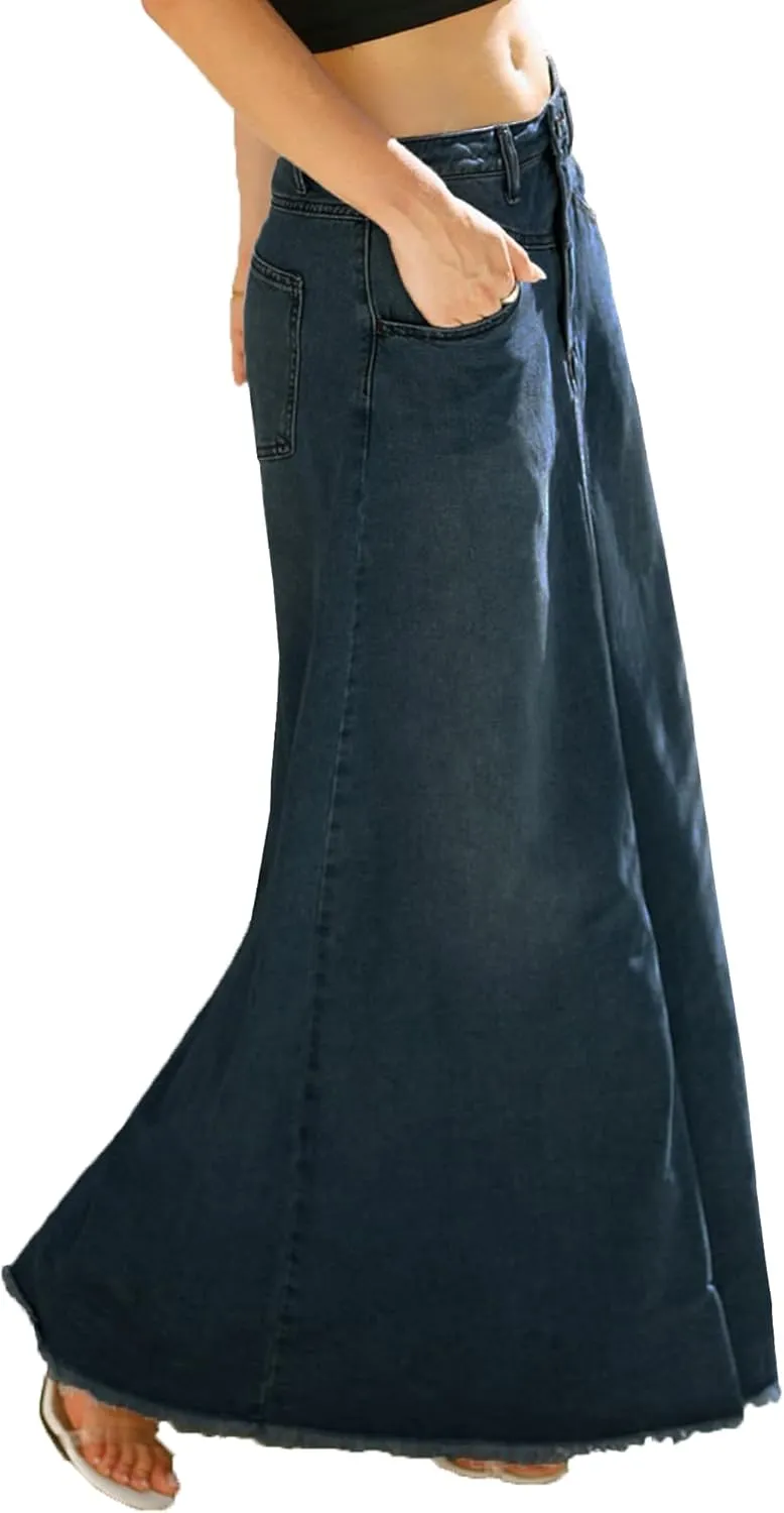 Women's Maxi Jean Skirt High Waisted A-Line Long Denim Stretch Skirts with Frayed Raw Hem for Ladies
