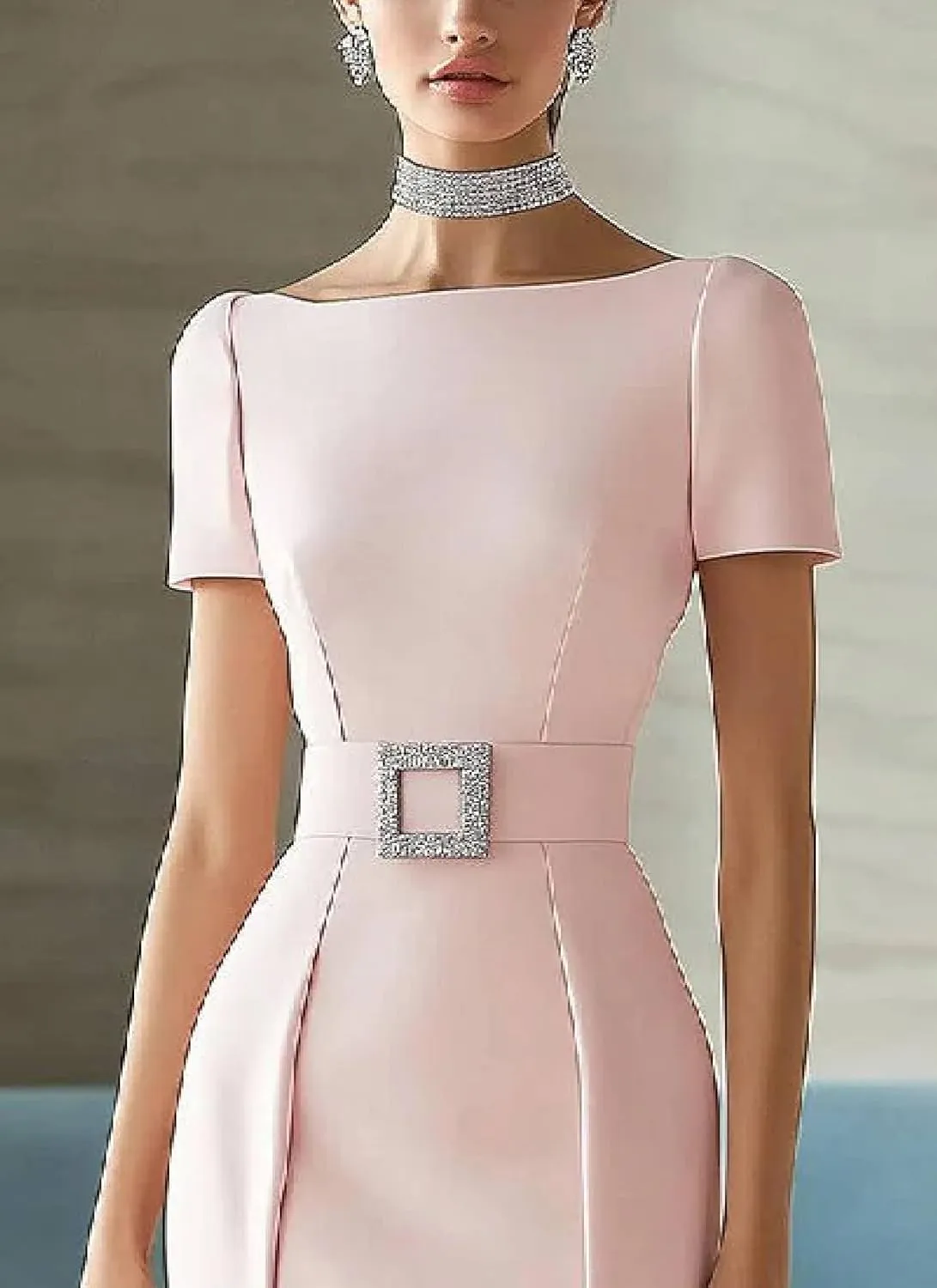Womens Mini Dress Boat Neck Short Sleeve Pink Solid Color Elegant Glamorous Spring Autumn Evening Party Wedding Dress
