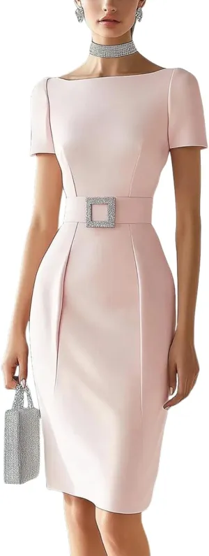 Womens Mini Dress Boat Neck Short Sleeve Pink Solid Color Elegant Glamorous Spring Autumn Evening Party Wedding Dress