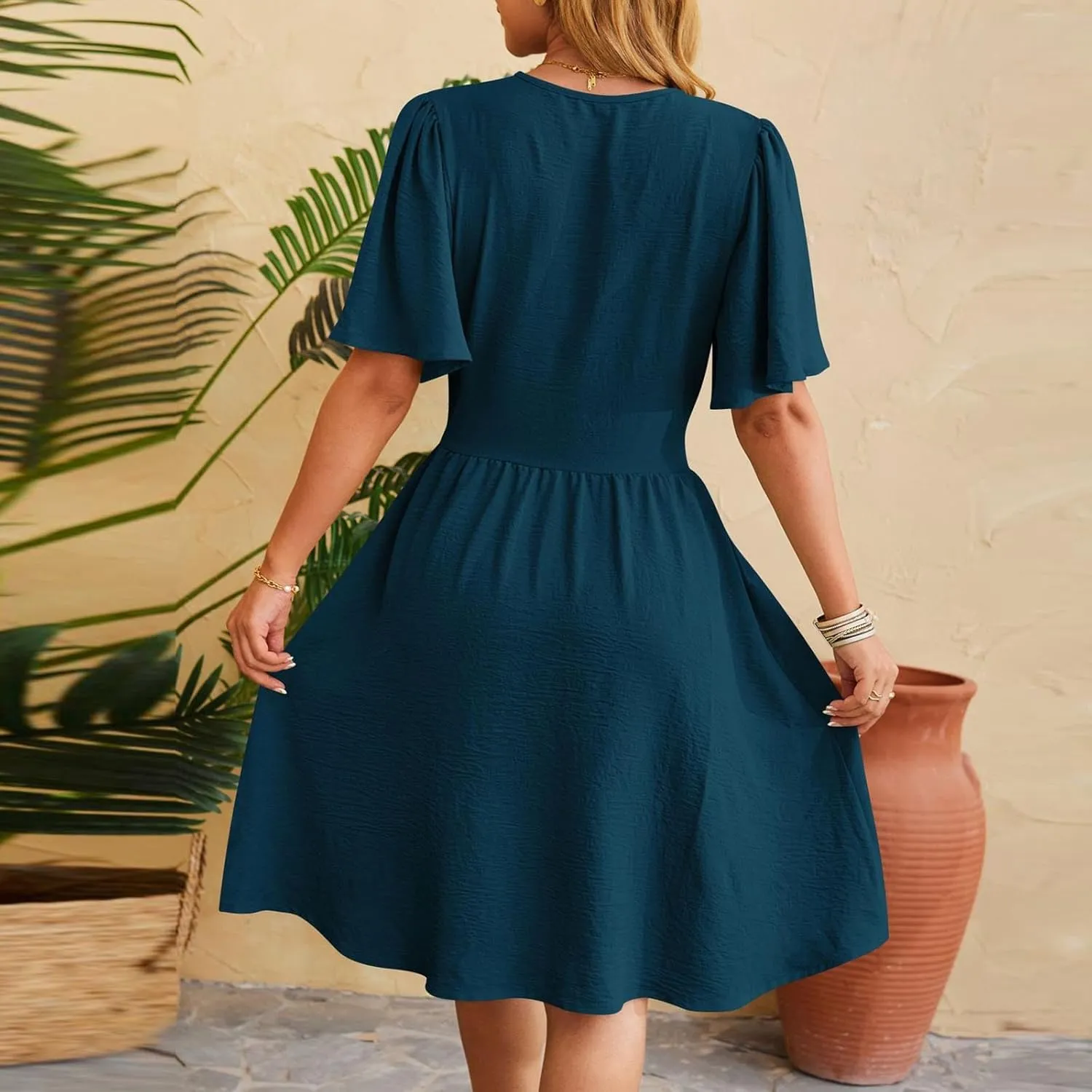 Womens Mini Dress Sexy Elegant Short Sleeve V Neck Casual Short Dresses Summer A-line Pleated Hem Flowy Party Dress