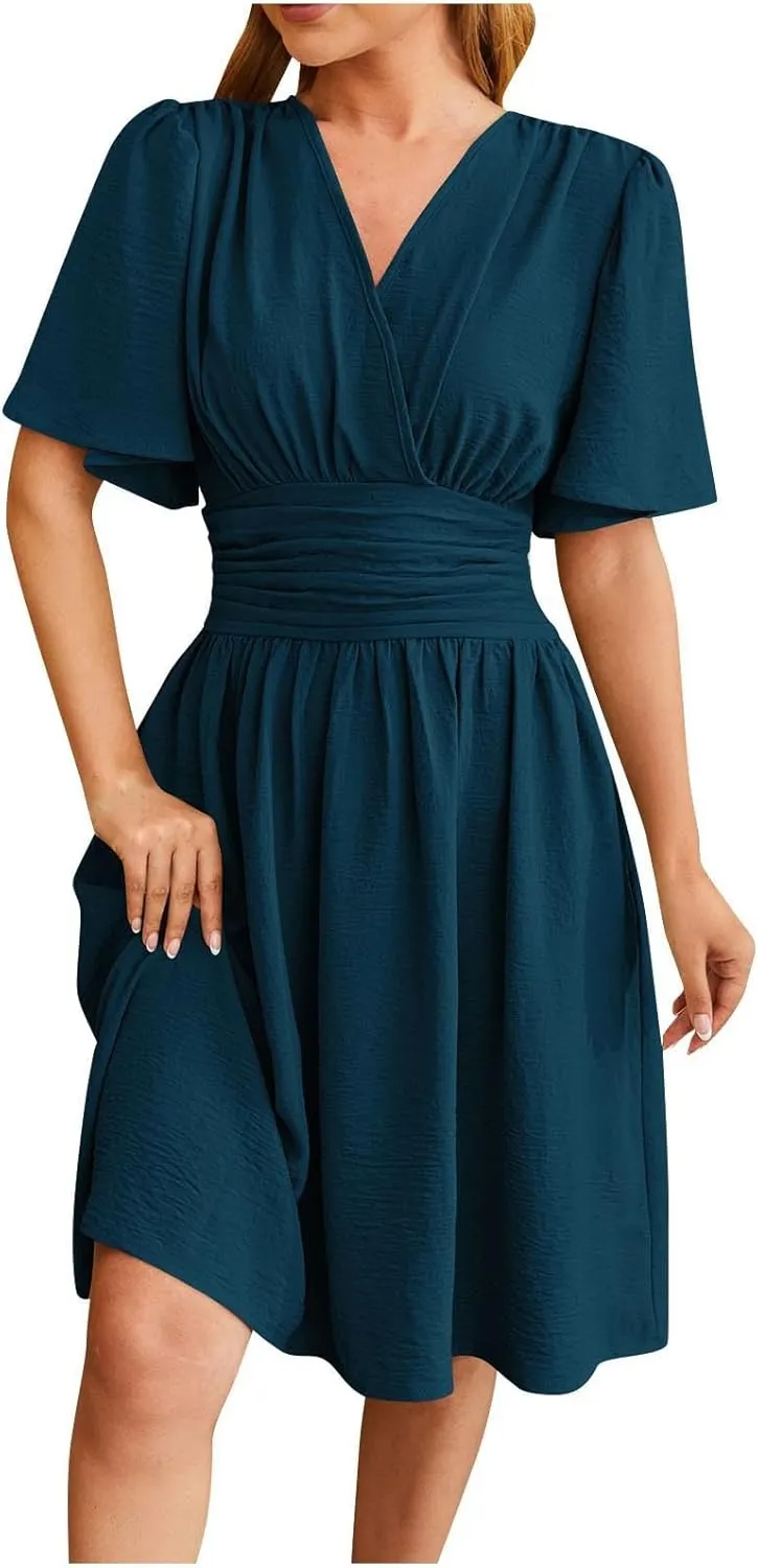Womens Mini Dress Sexy Elegant Short Sleeve V Neck Casual Short Dresses Summer A-line Pleated Hem Flowy Party Dress