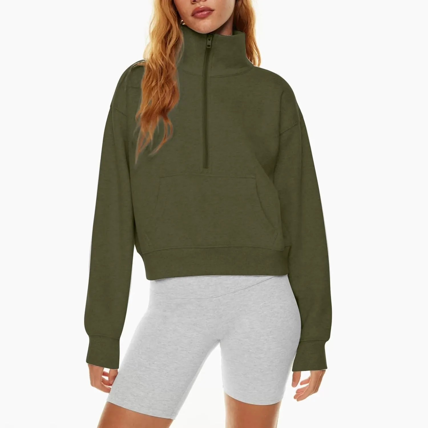 Womens Oversized Half Zip Cropped Sweatshirt 2024 Fall Fashion 1/4 Zip Pullover Preppy Thumb Hole Tops With Pocket