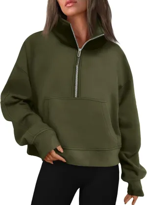 Womens Oversized Half Zip Cropped Sweatshirt 2024 Fall Fashion 1/4 Zip Pullover Preppy Thumb Hole Tops With Pocket