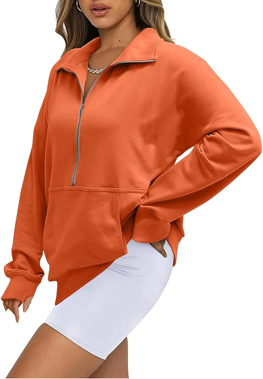 Womens Oversized Half Zip Cropped Sweatshirt 2024 Fall Fashion 1/4 Zip Pullover Preppy Thumb Hole Tops With Pocket