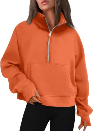 Womens Oversized Half Zip Cropped Sweatshirt 2024 Fall Fashion 1/4 Zip Pullover Preppy Thumb Hole Tops With Pocket