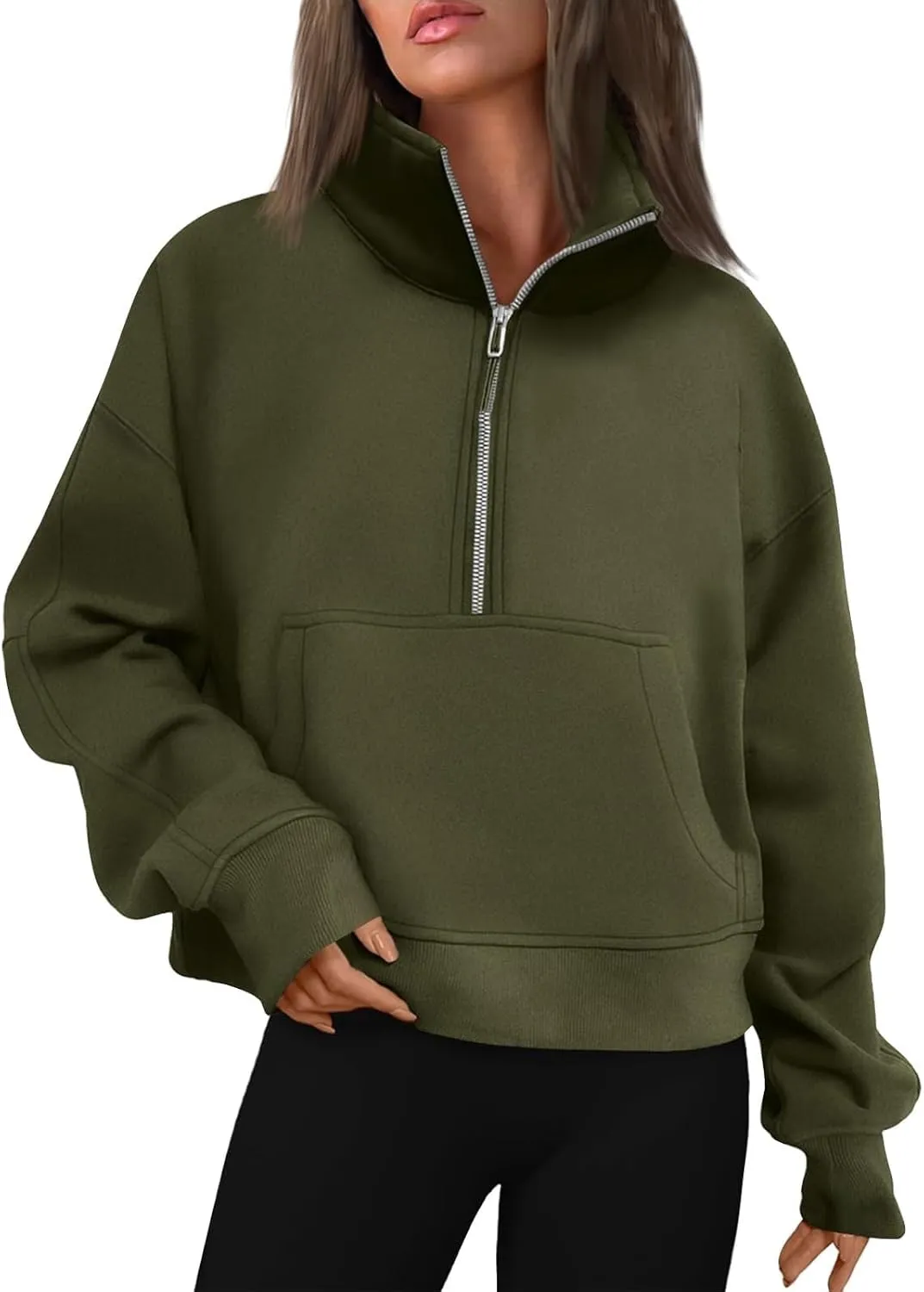 Womens Oversized Half Zip Cropped Sweatshirt 2024 Fall Fashion 1/4 Zip Pullover Preppy Thumb Hole Tops With Pocket