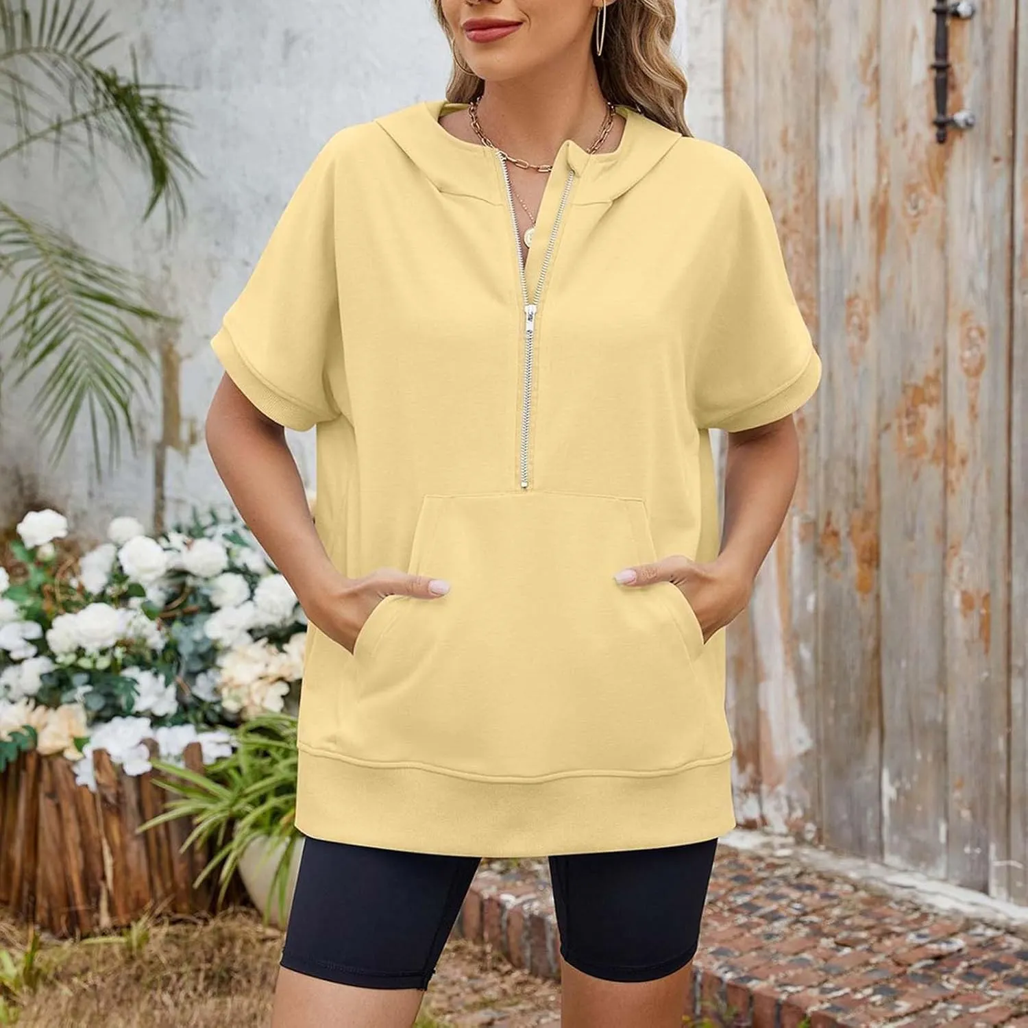 Womens Oversized Half Zip Hoodies Short Sleeve Casual Sweatshirts Pullover Tops with Pockets Loose 2025 Clothes