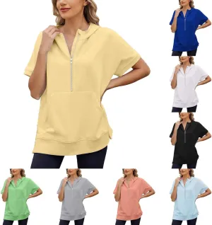 Womens Oversized Half Zip Hoodies Short Sleeve Casual Sweatshirts Pullover Tops with Pockets Loose 2025 Clothes