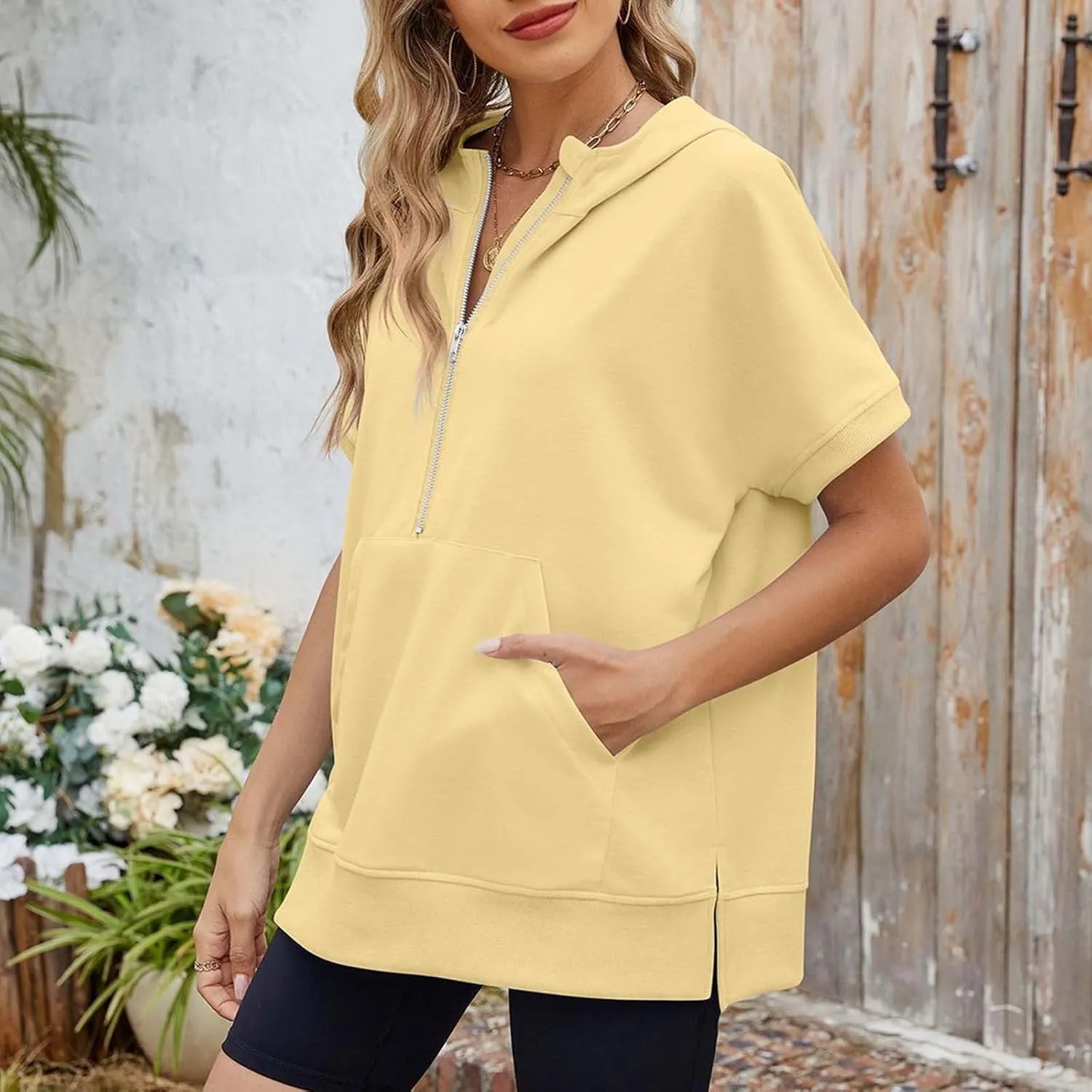 Womens Oversized Half Zip Hoodies Short Sleeve Casual Sweatshirts Pullover Tops with Pockets Loose 2025 Clothes