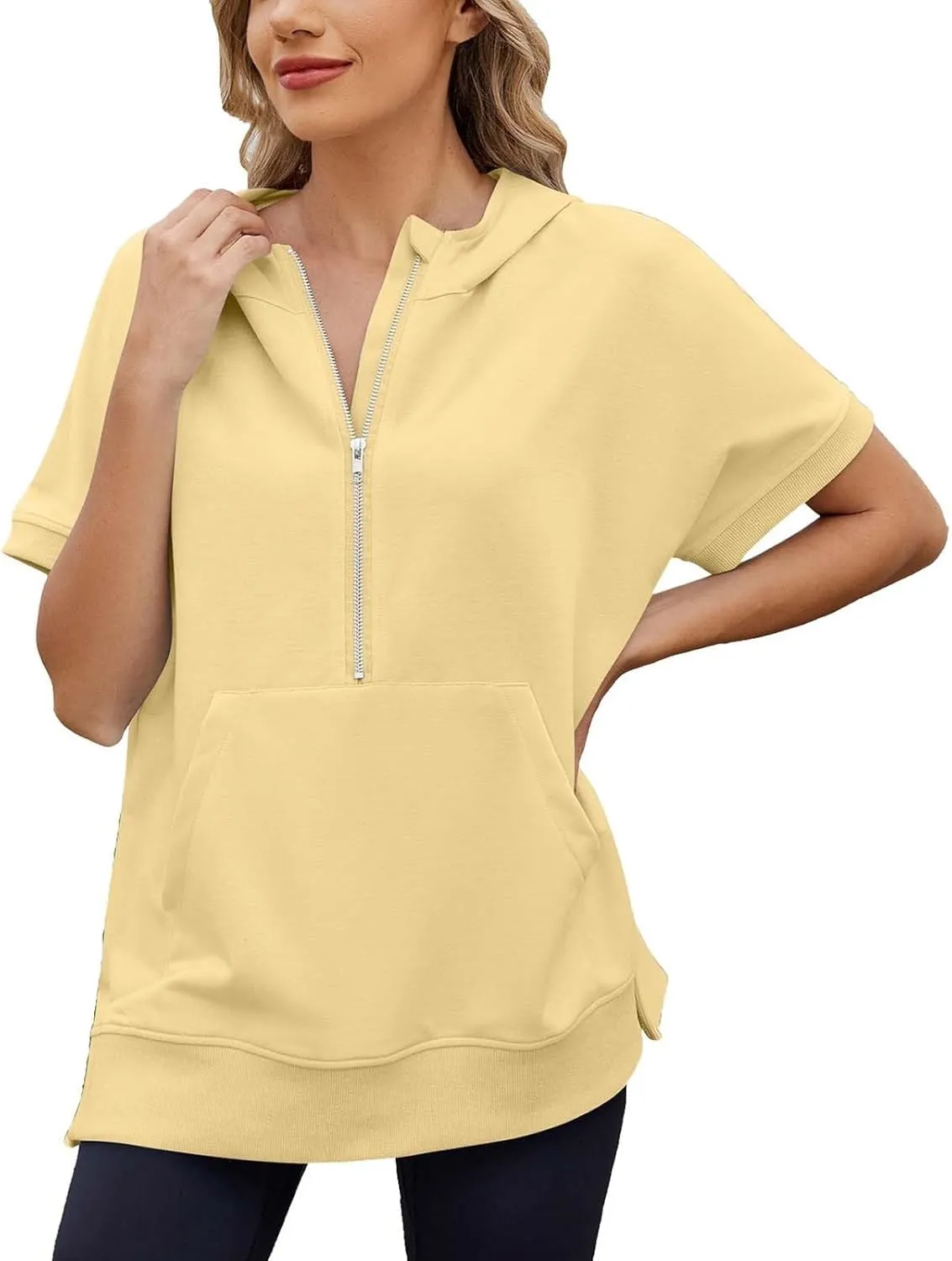 Womens Oversized Half Zip Hoodies Short Sleeve Casual Sweatshirts Pullover Tops with Pockets Loose 2025 Clothes