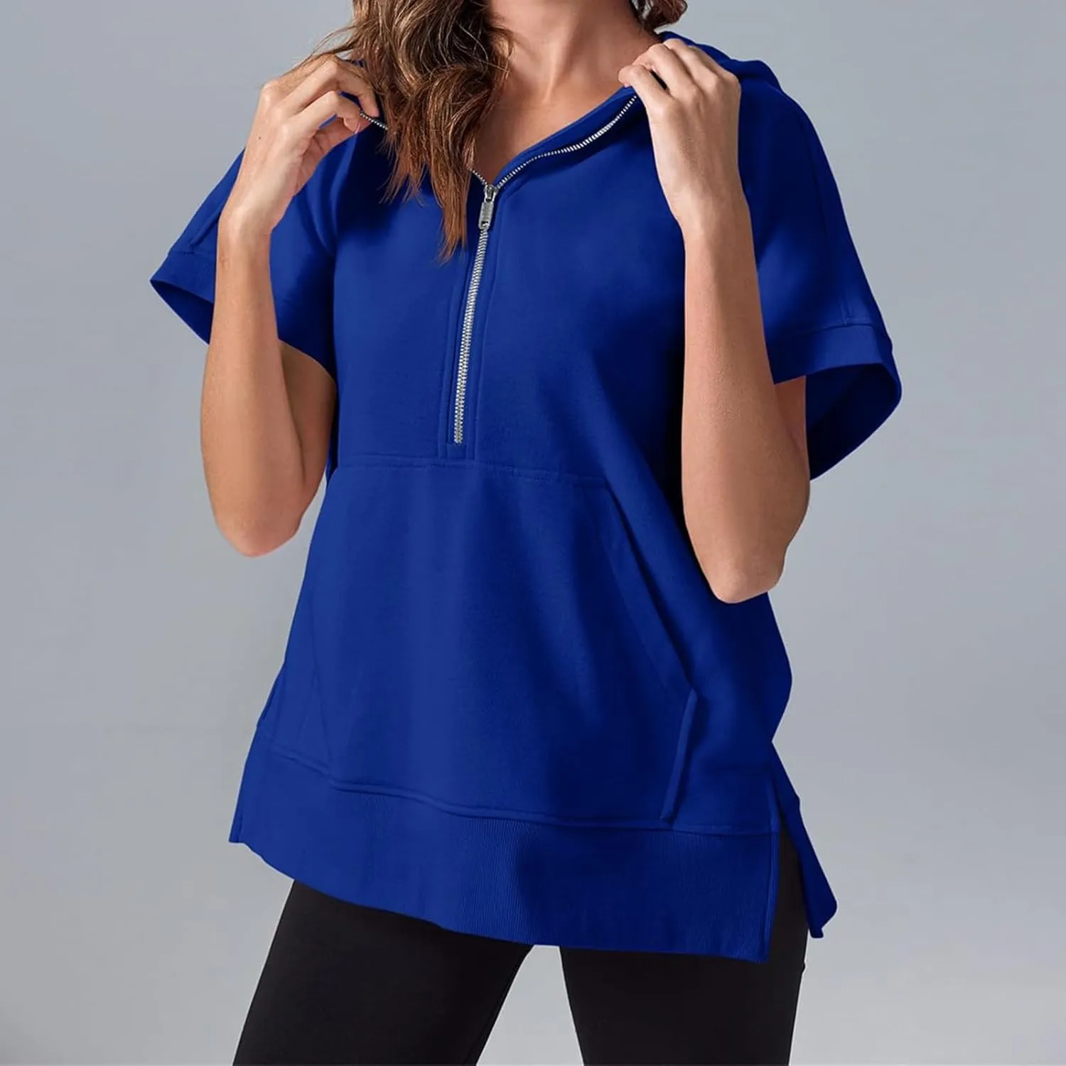 Womens Oversized Half Zip Hoodies Short Sleeve Casual Sweatshirts Summer Pullover Tops with Pockets Loose 2025 Clothes