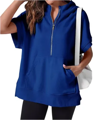 Womens Oversized Half Zip Hoodies Short Sleeve Casual Sweatshirts Summer Pullover Tops with Pockets Loose 2025 Clothes