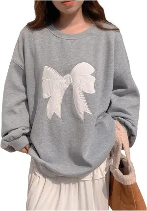 Women's Oversized Sweatshirts Bow Embroidery Long Sleeve Crewneck Sweatshirt Pullovers Trendy